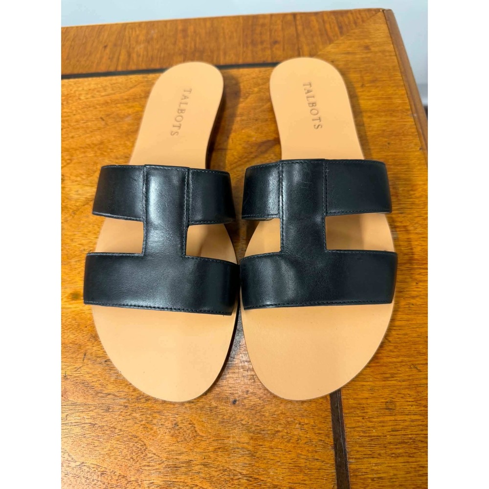 Talbots Womens Black Genuine Leather H-Strap Slide Sandals Flat Slip On Size 8